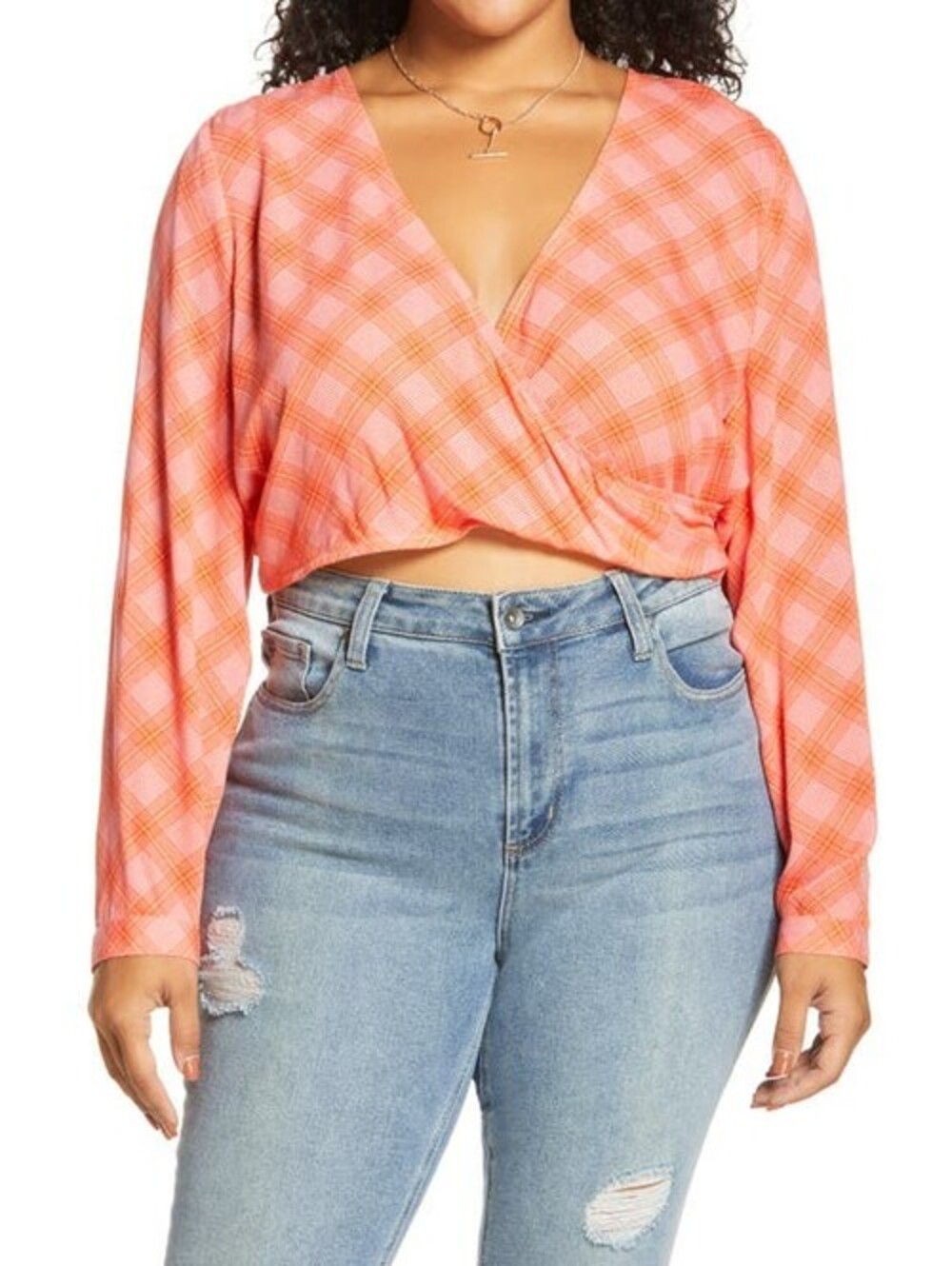 BP. Surplice V-Neck Crop Top in Pink- Red Ian Bias Plaid at Nordstrom, Size 1X